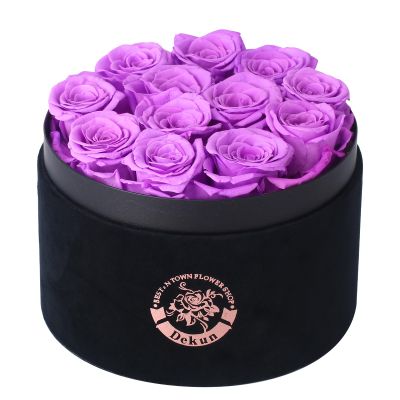 Dekun12 Pieces Forever Flowers Gift Box - Preserved Roses Eternal Roses that Last 1-3 Years Preserved Rose for Her Valentine's Day Christmas (12 Roses) (Black Box & Purple Roses)