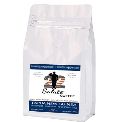 22 Salute Papua New Guinea Ground Coffee Medium Roast, Specialty Single Origin Arabica Coffee With Exotic Spice Flavor Notes, 12oz Bag
