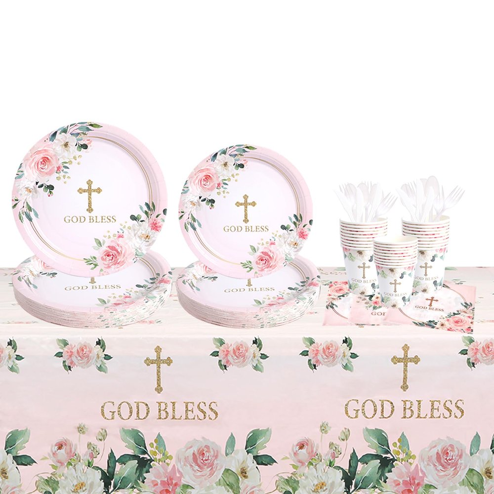 169 pcs Pink Baptism Plates, Napkins, Cutleries, Tablecloth for 24 persons (24)