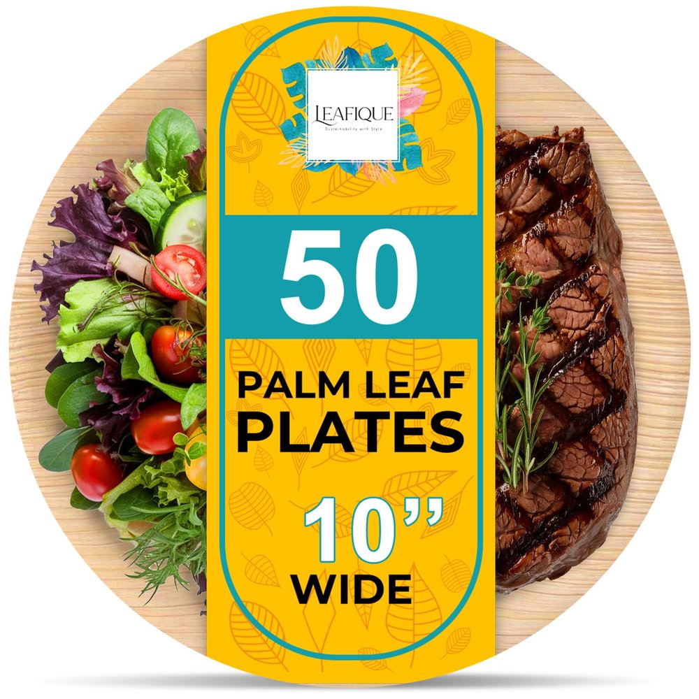 100% Natural 10 Palm Leaf Round Plate (50 pack), Compostable & Biodegradable Dinnerware for Catering, Birthdays, Halloween, BBQs, Thanksgiving, Alternative to Paper & Bamboo Plates Disposable