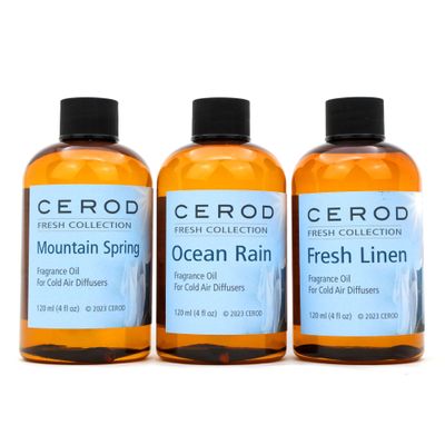 CEROD  Fresh Collection Scents Set (3) - Diffuser Oil for Cold Air Waterless Diffusers - Fresh Linen, Mountain Spring, Ocean Rain- Aromatherapy Essential Oil Scents for Home & Office (3)