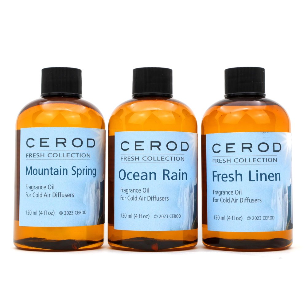 CEROD  Fresh Collection Scents Set (3) - Diffuser Oil for Cold Air Waterless Diffusers - Fresh Linen, Mountain Spring, Ocean Rain- Aromatherapy Essential Oil Scents for Home & Office (3)