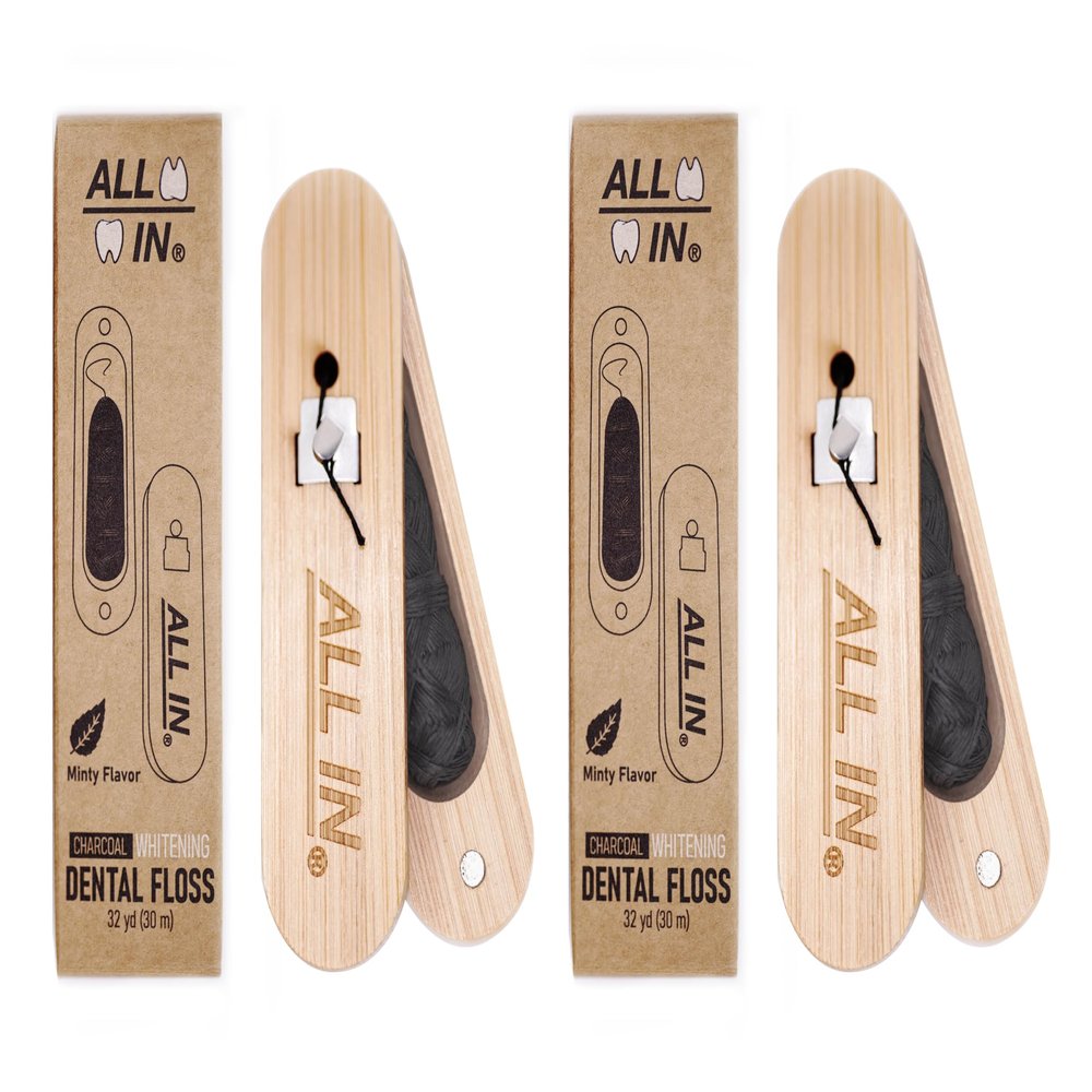 ALL IN Waxed Charcoal Floss with a Refillable Dental Floss Magnetic Holder - Plant Based, Natural, and No PFAS - Mint Floss for Effective Plaque Removal, Clean Teeth, Fresh Breath - 32 yd (2)