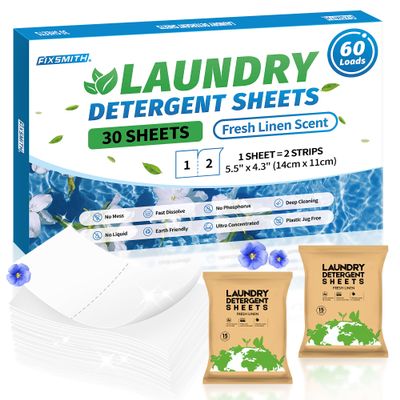 FIXSMITH Laundry Detergent Sheets - 60 Loads (30 Sheets) Fresh Linen Scent - Hypoallergenic,Eco Friendly Laundry Soap Sheets Ultra-Concentrated Travel Detergent Sheets.Plastic-Free,Liquidless.
