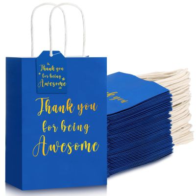 Fulmoon 48 Pcs Thank You Gift Bags with Handles 5.9 x 3.15 x 8.27 Inch Black Kraft Paper Sacks with 50 Gift Tags Thank You for Being Awesome Goodie Bags for Christmas, Business(Blue)