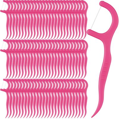 Baderke 200 Count Floss Picks Bulk Non Breakable Tooth Picks Flosser Dental Floss Sticks for Adults Teeth Cleaning Dental Flossers for Family Pack Travel(Hot Pink)