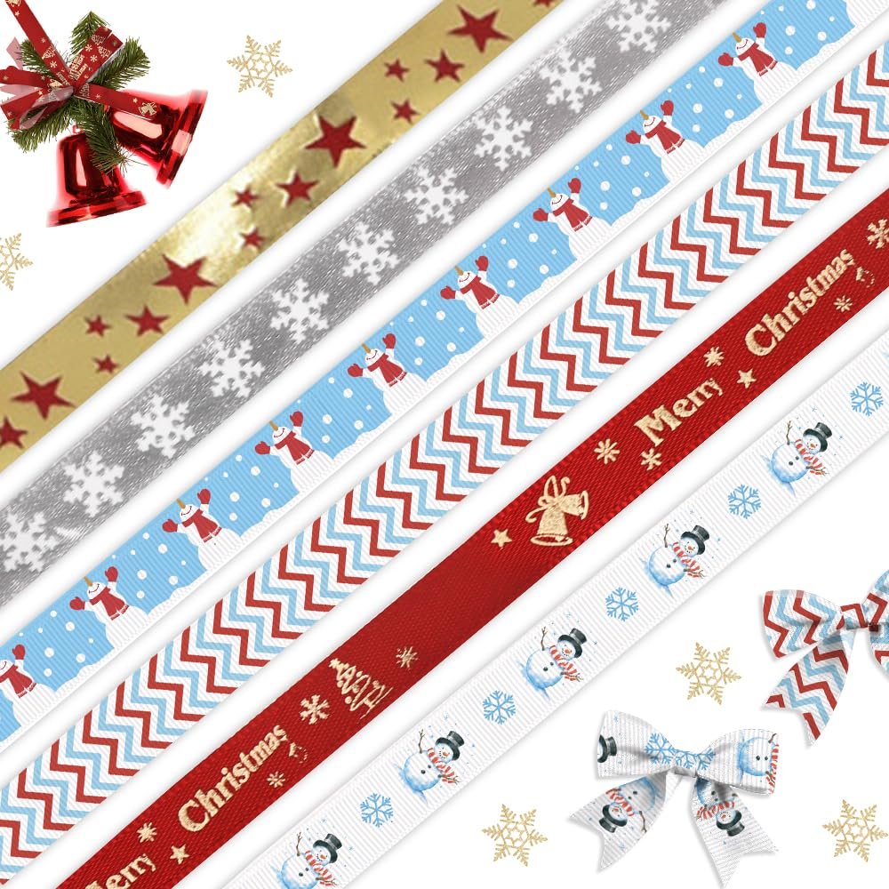 6PCS Christmas Grosgrain Ribbons 3/8" Merry Christmas Words Decor Ribbons 5 Yards, Christmas Snowman Stars Craft Ribbons for Xmas Party Favor New Year Decoration Holiday Gift Packaging DIY Supplies