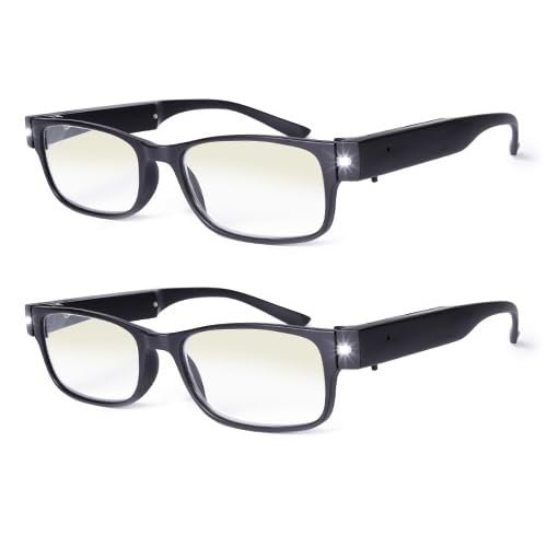 OKH 2 PCs Rechargeable Reading Glasses with Lights, Anti Blue Light Lens, Bright LED Light Up Reading Glasses, Readers for Men Women, +3.0