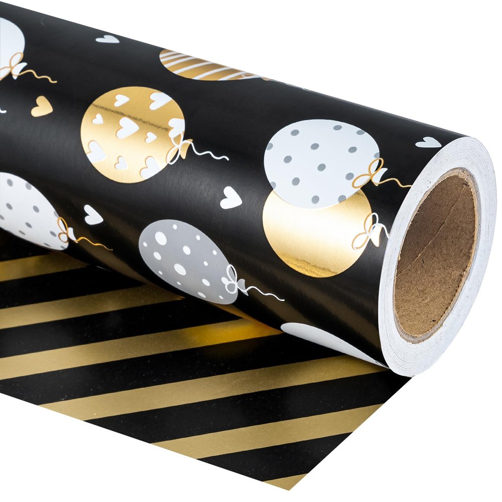 WRAPAHOLIC Reversible Birthday Wrapping Paper Roll - Mini Roll - 17 Inch X 33 Feet - Metallic Black Gold Balloon Design for Birthday, Holiday, Party, Baby Shower