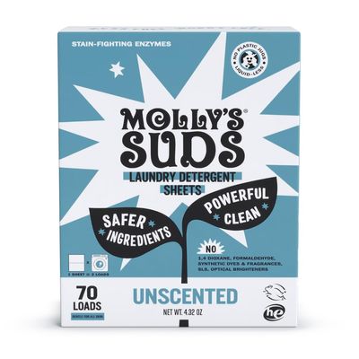 Mollys Suds Laundry Detergent Sheets | Gentle on Sensitive Skin, Powerful Bio-Based Enzymes, Stain-Fighting | Liquidless & Plastic-Free Packaging | 70 Loads (Unscented)