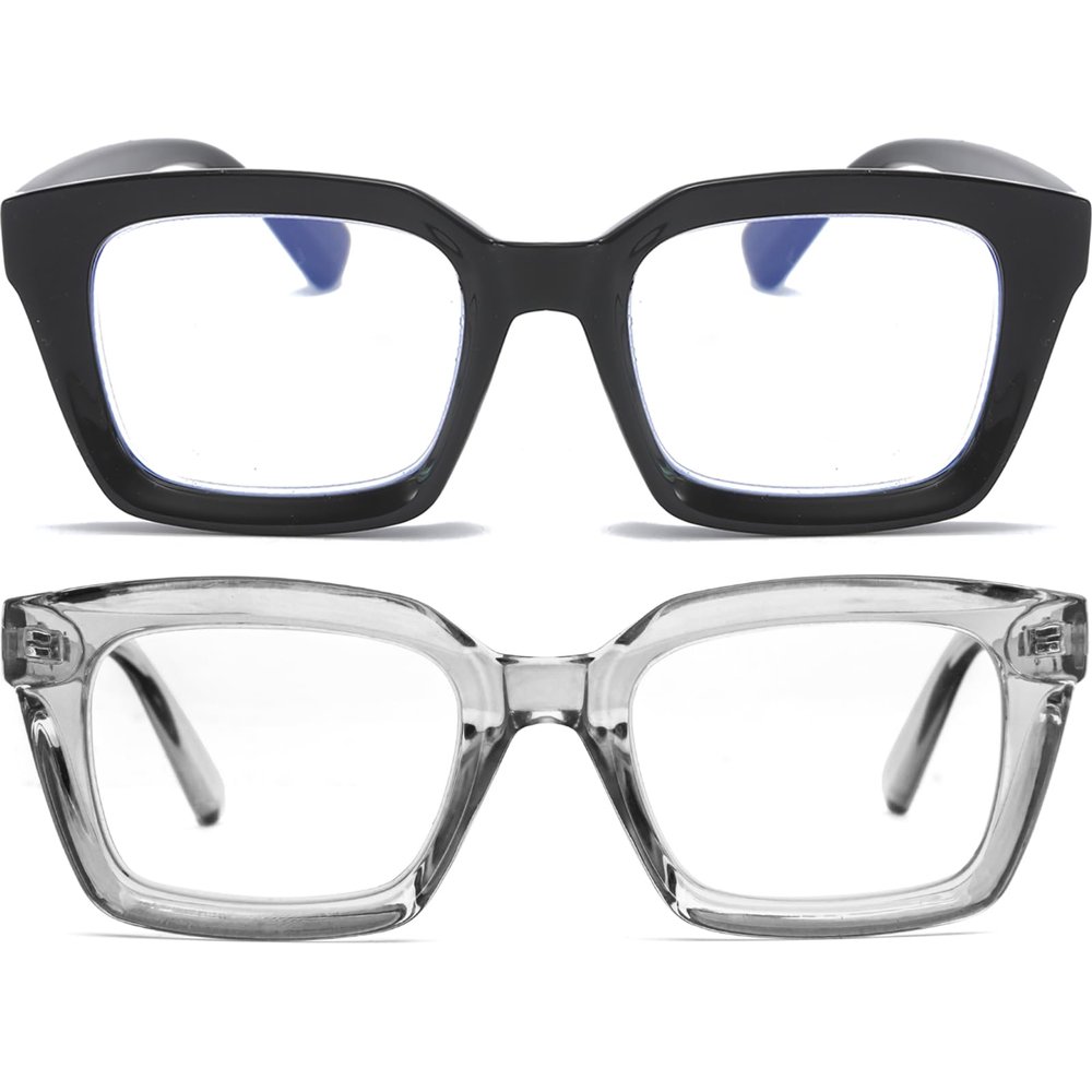 REAVEE 2 Pack Oprah Style Oversized Reading Glasses for Women Men Blue Light Blocking, Ladies Stylish Retro Square Large Computer Readers (Black/Grey 1.25x)