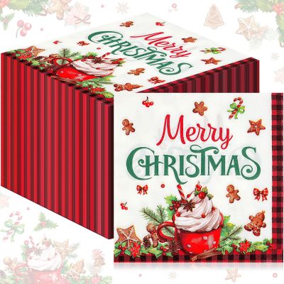 100Pcs Christmas Gingerbread Napkins Decorations,Red Black Buffalo Plaid Merry Christmas Disposable Paper Napkins Cup Cake Hand Towels Tableware for Home Kitchen Xmas Holiday Party Supplies Decor