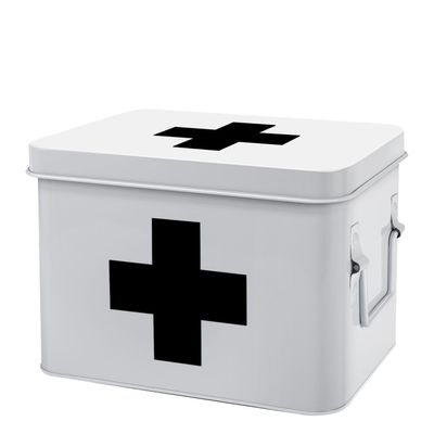 Flexzion First Aid Medicine Box Supplies Kit Organizer - Empty 8" White Metal Tin Medic Storage Bin Hard Case with Removable Tray Gold Cross, Vintage Antique Boxes for Home Family Emergency Tool Set