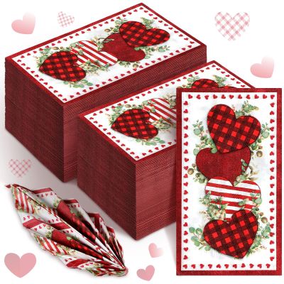 200 Pcs Valentine's Day Guest Napkins Eucalyptus Hearts Valentine Napkins 2 Ply Disposable Hand Towel for Bathroom Red Hearts Decorative Bathroom Paper Hand Towels for Anniversary Home Party Wedding