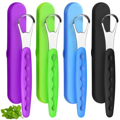 4 Pcs Tongue Scraper Cleaner Adults and Kids Stainless Steel Tongue Brush Metal Scraper Reduce Bad Breath with Travel Cases for Men Women Oral Mouth(Green, Blue, Black and Purple)
