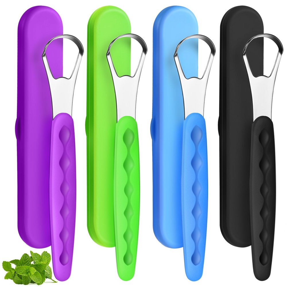 4 Pcs Tongue Scraper Cleaner Adults and Kids Stainless Steel Tongue Brush Metal Scraper Reduce Bad Breath with Travel Cases for Men Women Oral Mouth(Green, Blue, Black and Purple)