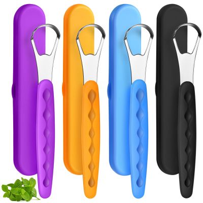 4 Pcs Tongue Scraper Cleaner Adults and Kids Stainless Steel Tongue Brush Metal Scraper Reduce Bad Breath with Travel Cases for Men Women Oral Mouth(Purple, Orange, Blue and Black)
