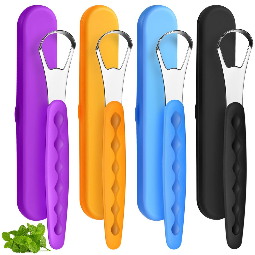 4 Pcs Tongue Scraper Cleaner Adults and Kids Stainless Steel Tongue Brush Metal Scraper Reduce Bad Breath with Travel Cases for Men Women Oral Mouth(Purple, Orange, Blue and Black)