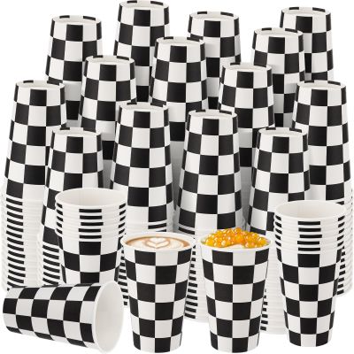 Layhit 100 Pcs 16 oz Wood Grain Disposable Cups Black and White Checkered Paper Coffee Cups Hot Cold Beverage Chocolate Tea Cocoa for Home Travel Office Cafe Restaurant Party
