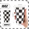 Layhit 100 Pcs 16 oz Wood Grain Disposable Cups Black and White Checkered Paper Coffee Cups Hot Cold Beverage Chocolate Tea Cocoa for Home Travel Office Cafe Restaurant Party view 2