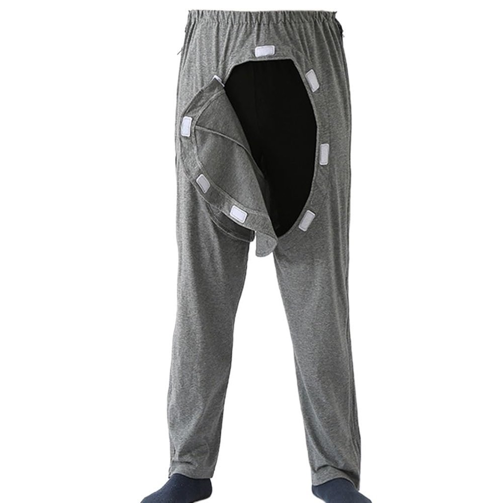 Mens' Post Surgery Tearaway Patient Pants Open Front and Back Crotch Incontinence Care for Elderly Bedridden (Color : Gray, Size : XX-Large)