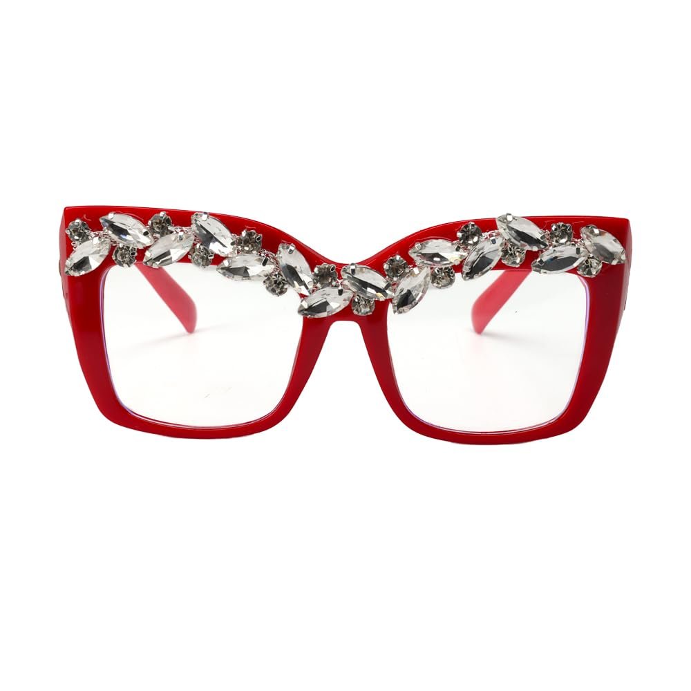 ICARA Sparkling Crystal Vintage Square Oversized Bling reading Glasses (red, 3, x)