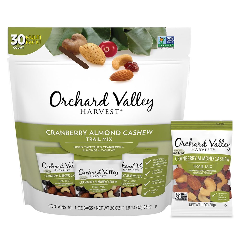 Orchard Valley Harvest Cranberry Almond Cashew Trail Mix, 1 oz (Pack of 30), Cranberries, Almonds, and Cashews, Non-GMO, No Artificial Ingredients, Healthy Snacks for Adults