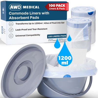 100 PACK - Commode Liners with Absorbent Pads - Adults Commode Bag Compatible with Most Toilets - Portable Commode Liners with Gel Pads - Disposable Bedside Toilet Liner Bags for Adult Potty Chair