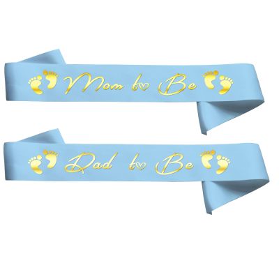 Tamouvkit 2PCS, Mom and Dad to be Sash Set, Best Baby Shower Decorations Mother Father Gifts, Gender Reveal Party Boy Or Girl Neutral Twins (Light Blue - Gold)