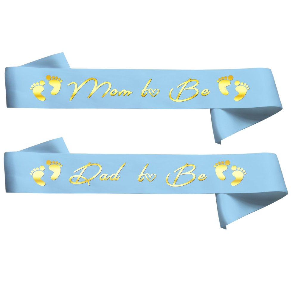 Tamouvkit 2PCS, Mom and Dad to be Sash Set, Best Baby Shower Decorations Mother Father Gifts, Gender Reveal Party Boy Or Girl Neutral Twins (Light Blue - Gold)