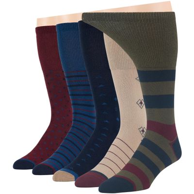 7BigStars Kingdom Men's Diabetic Cotton Mid Calf Socks - 5 Pack XLarge - Stripe Pattern - Sock Size 13-15 Shoe Size 12-15 XL Dark Navy, Navy, Burgundy, Olive Green, Beige