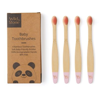 Wild & Stone Organic Baby Bamboo Toothbrushes | 4 Pack | Soft Bristles | 100% Compostable Handle | BPA Free | Vegan Baby Toothbrushes (Baby Pink)