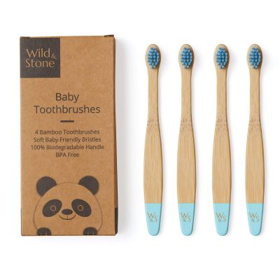 Wild & Stone Organic Baby Bamboo Toothbrushes | 4 Pack | Soft Bristles | 100% Compostable Handle | BPA Free | Vegan Baby Toothbrushes (Baby Blue)