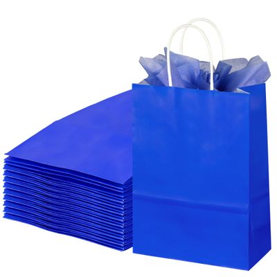 BLEWINDZ 32Pcs Small Paper Gift Bags with Tissues, Royal Blue Party Favor Bags with Handles, 8.7" Goodie Bag for Birthday, Shopping, Party Supplies