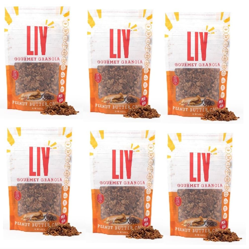 Liv Gourmet Peanut Butter Cacao Granola - 8oz (Pack of 6) | Healthy, Nutrient-Dense Snack, Breakfast Cereal | 1:1 Nut-to-Oat Ratio | Non-GMO, Low Sugar, Vegan | Organic Oats, No Artificial Ingredients, Lightly Sweetened, No Seed Oils, Women-Owned