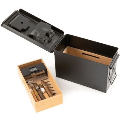 CASE ELEGANCE - The Smoke Can 50CAL Humidor, Thick Metal Ammo Box, Spanish Cedar Shelves, Black Ops Finish, 69% Humidity Starter Pack, Digital Hygrometer, Magnetic Accessory Case - Holds 30-40 Cigars
