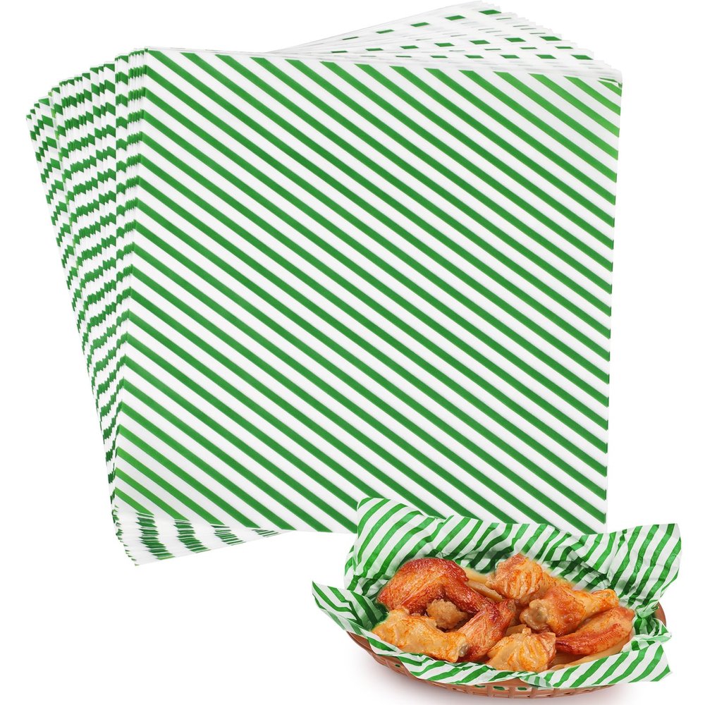 GeeRic Memorial Day Parchment Paper for Donuts 12 * 12 Inch, 100 Pcs Food Basket Liners for Sandwiches, Burgers,2026 Deli Food Wrapper Wax Paper Sheets Diagonal Stripe Clover Green