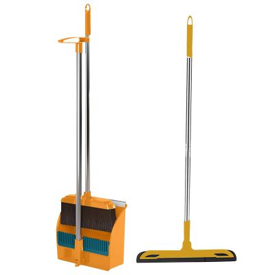 CENGNIAN Broom and Dustpan Set with 34.5" Long Handle Squeegee Broom, Upright Standing Lobby Broom and Dust Pan, Orange, Polypropylene, Stainless Steel, Modern, Floor Cleaning