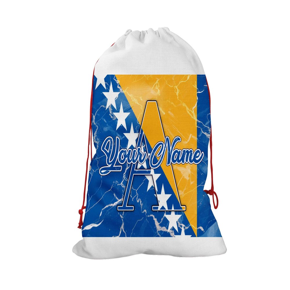 Bleu Reign Christmas Birthday Personalized Santa Sack Gift Wrap Bag Custom Name Bosnia And Herzegovina Flag Marble Monogram Reusable