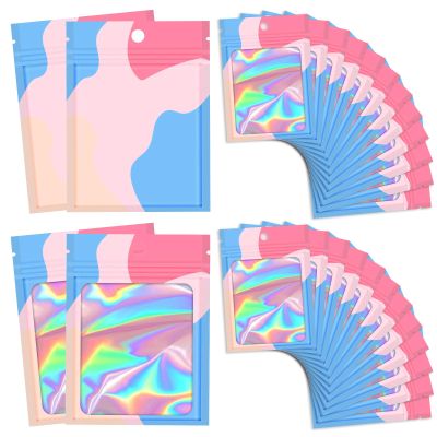 100 Pieces Resealable Bags with Clear Window, Holographic Multicolored Packaging Bags Transparent Small Business Party Mylar Zip Bags Sample Bags 4.7x7.8 Inch