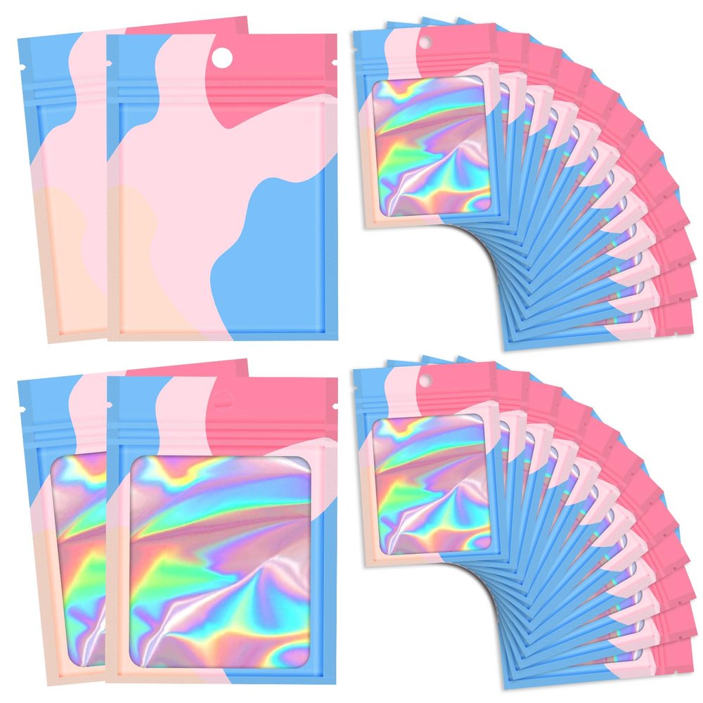 100 Pieces Resealable Bags with Clear Window, Holographic Multicolored Packaging Bags Transparent Small Business Party Mylar Zip Bags Sample Bags 4.7x7.8 Inch