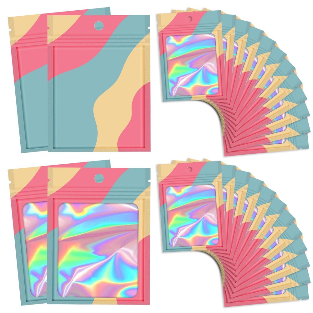 100 Pieces Resealable Bags with Clear Window, Holographic Multicolored Packaging Bags Transparent Small Business Party Mylar Zip Bags Sample Bags 5.5x7.8 Inch