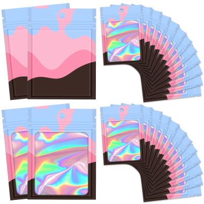 100 Pieces Resealable Bags with Clear Window, Holographic Multicolored Packaging Bags Transparent Small Business Party Mylar Zip Bags Sample Bags 4.7x7.8 Inch