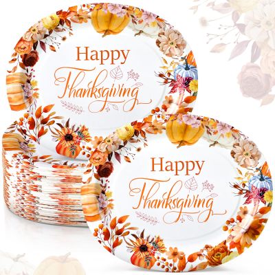 Umigy 50 Pcs Thanksgiving Oval Paper Plates Fall Party Plates Heavy Duty 10" x 12" Disposable Serving Dish Platters Autumn Pumpkin Dinnerware for Fall Harvest Party Supplies(Thanksgiving)