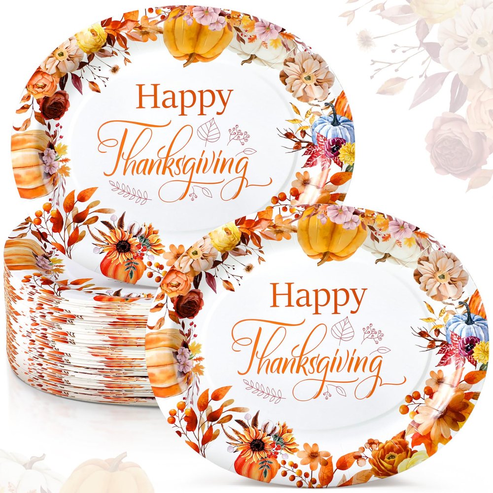Umigy 50 Pcs Thanksgiving Oval Paper Plates Fall Party Plates Heavy Duty 10" x 12" Disposable Serving Dish Platters Autumn Pumpkin Dinnerware for Fall Harvest Party Supplies(Thanksgiving)