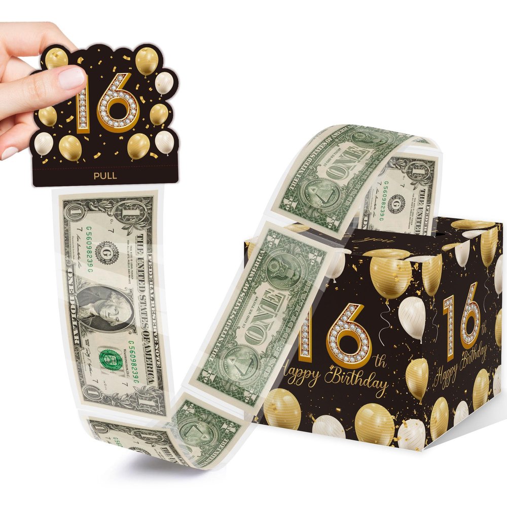 Azbuk 16th Birthday Surprise Gift Box, 16th Birthday Gifts for Girls Boys, Happy Birthday Money Gift Boxes for Cash with Pull Out, Black Gold Decor for 16th Birthday Party