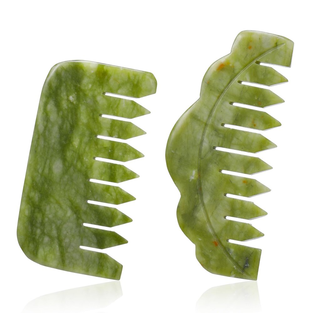 Geiserailie 2 Pcs Jade Combs Esthetician Supplies Massage Stone Hair Gua Sha Scraping Scalp Comb Facial Massage Tool Handheld Head Tools Head Caring Therapy Valentines for Women(Stylish Style)