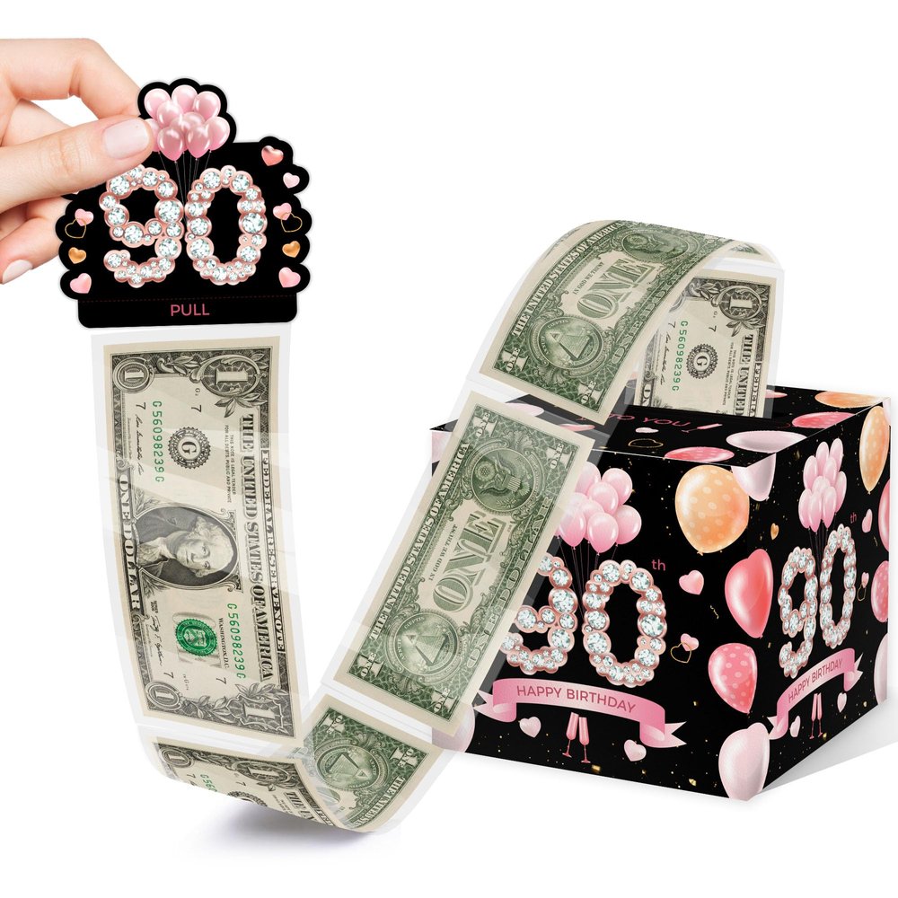 90th Birthday Gifts for Women, 90th Birthday Surprise Gift Box, Happy Birthday Money Gift Boxes for Cash with Pull Out, Black Pink Decor for 90th Birthday Party(with 35PCS Bags)