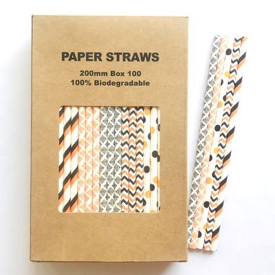 100 pcs Mixed Halloween Paper Straws Bulk, Black Orange Striped Polka Dot Chevron Damask Disposable Biodegradable Party Drinking Straws, Kids Cute Fun Cake Pop Sticks (Vintage Halloween)