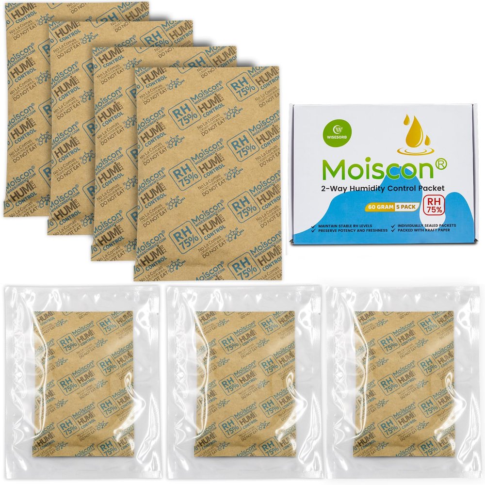 Wisesorb 75% Two-Way Humidity Control Packs, 60 Gram 5 Pack for Storing 1 lb, Size 60 Moisture Control Packets Individually Wrapped, Humidifier Packs for Storage Containers Hydration Packets